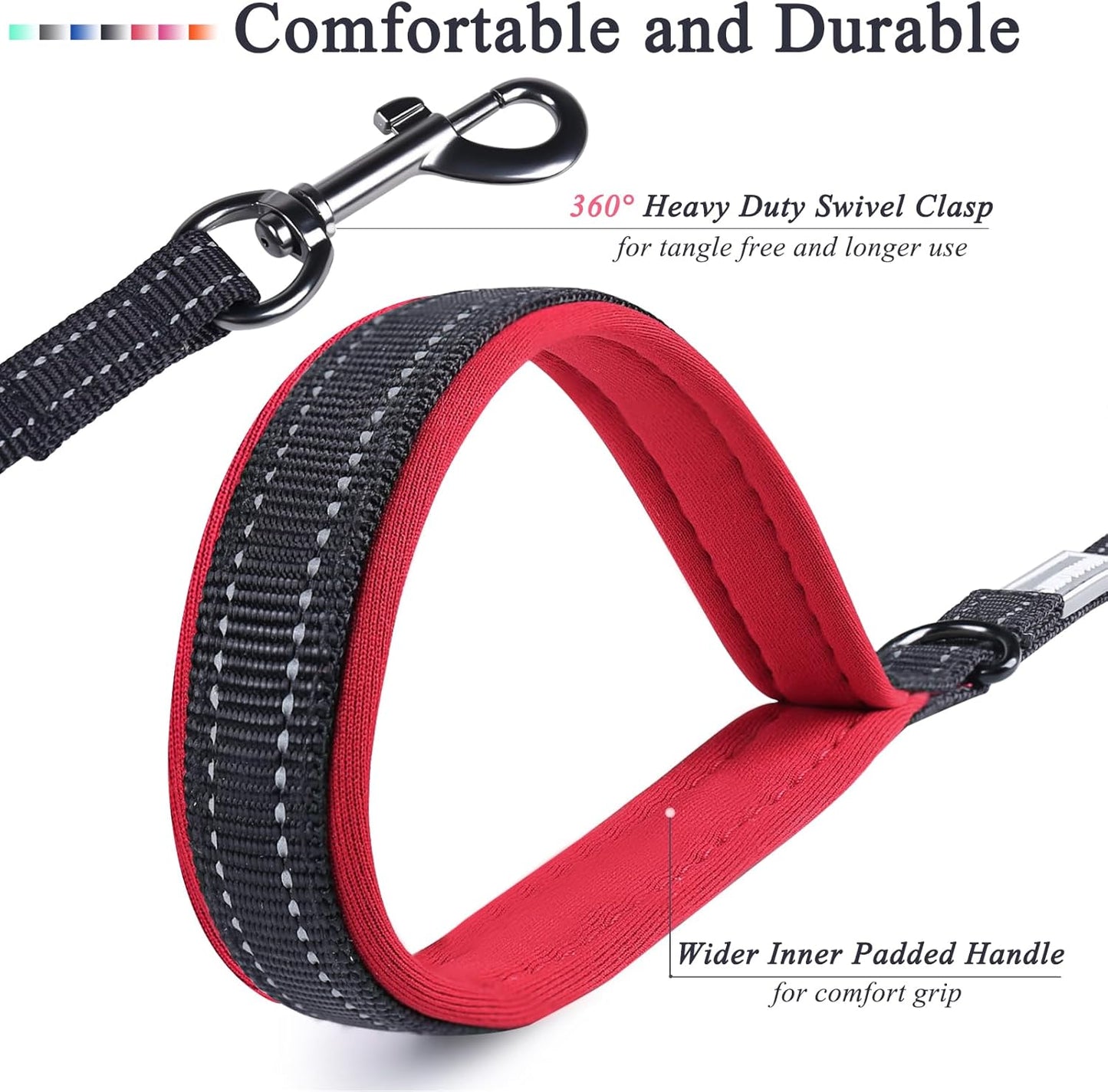 Traffic Handle Dog Leashes, Two Padded Soft Handles Strong Dog Leash, Reflective & Metal Hook Training Dog Lead, Black