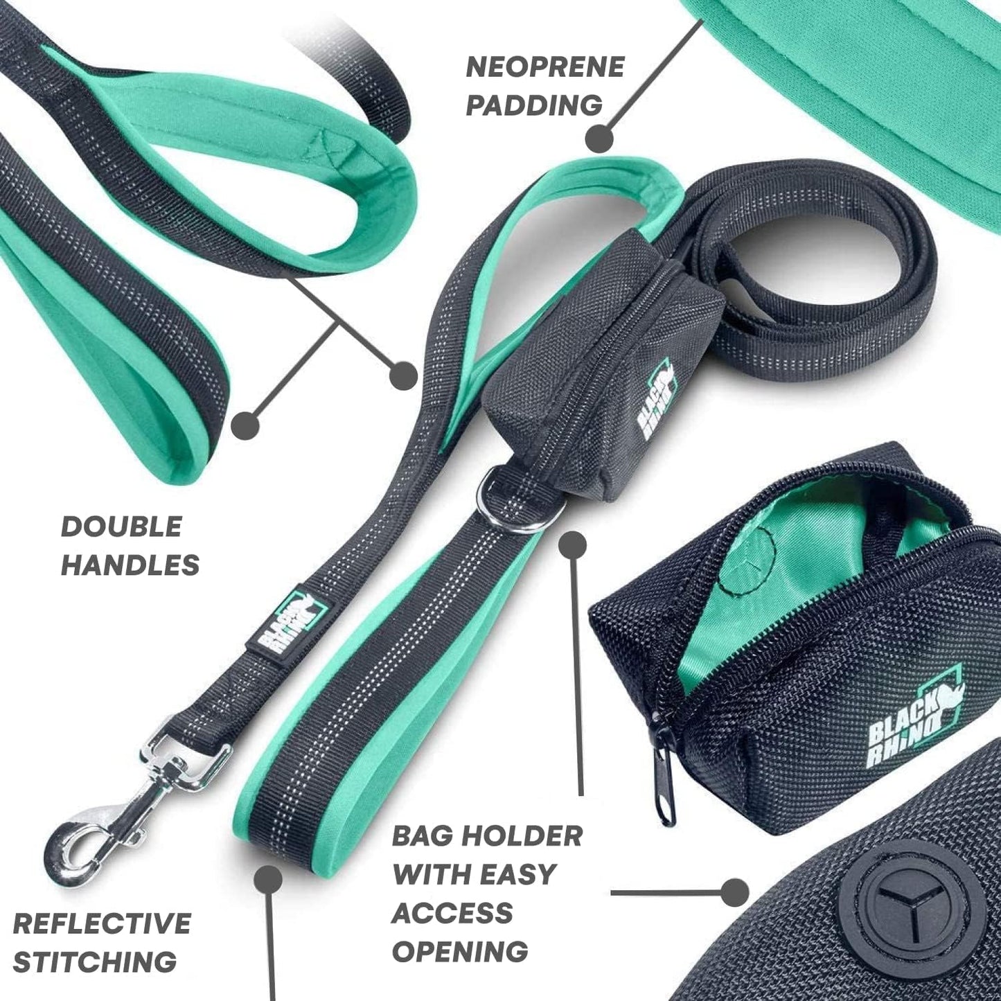 Heavy Duty Dog Leash for Medium and Large Dogs - 6 Ft Long Double Handle Leash with Padded Traffic Control Handles and Bag for Comfort - Reflective, Durable, and Weather Resistant (Aqua)