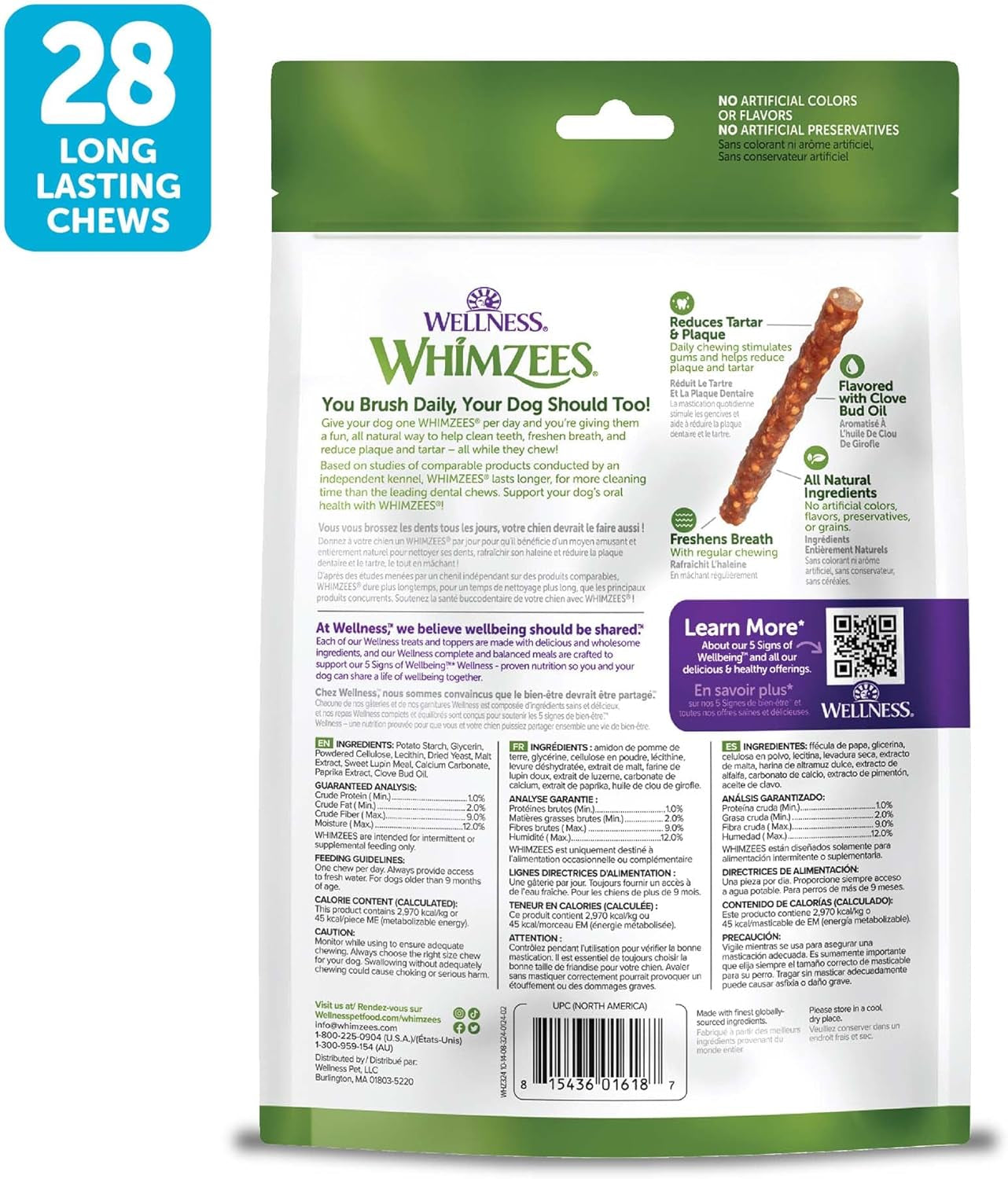 Wellness Veggie Sausage Dental Chews for Dogs - Grain-Free, Breath-Freshening Treats for Small Breeds, 28 Count, Long Lasting Chews