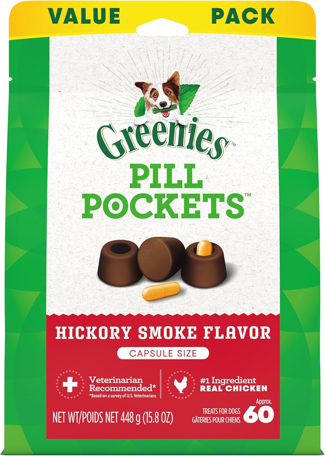 Pill Pockets for Dogs Capsule Size Natural Soft Dog Treats, Hickory Smoke Flavor, 15.8 Oz. Pack (60 Treats)