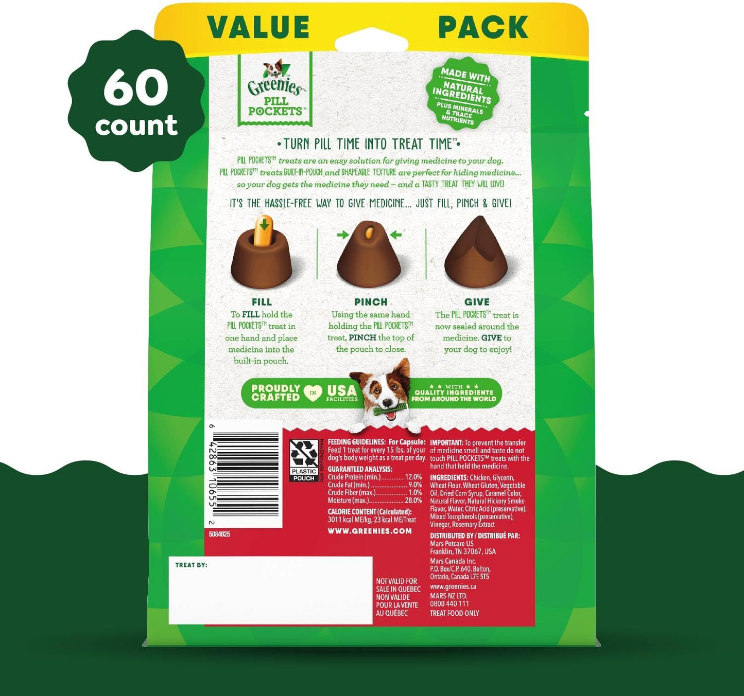 Pill Pockets for Dogs Capsule Size Natural Soft Dog Treats, Hickory Smoke Flavor, 15.8 Oz. Pack (60 Treats)