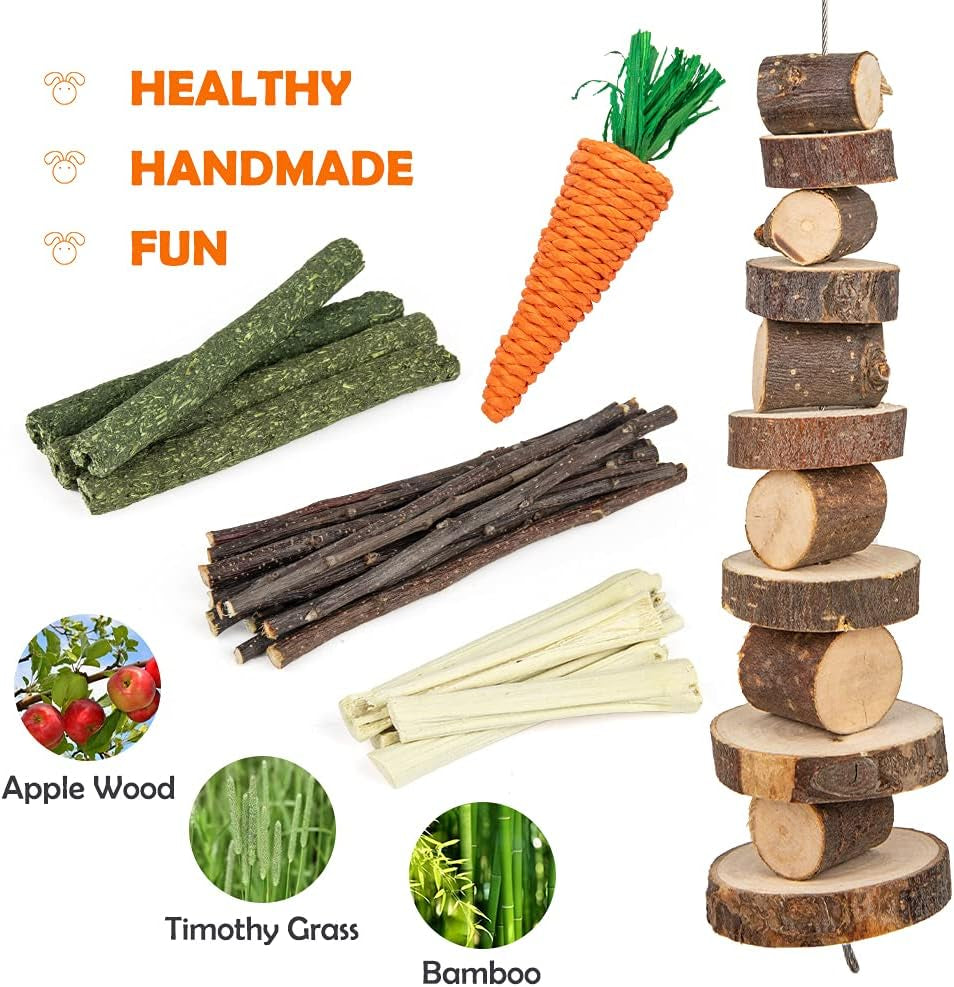 Natural Timothy Hay Chew Toys for Rabbits, Guinea Pigs, Hamsters, and Chinchillas - Handmade Apple Wood Sticks for Healthy Teeth and Fun Treats!