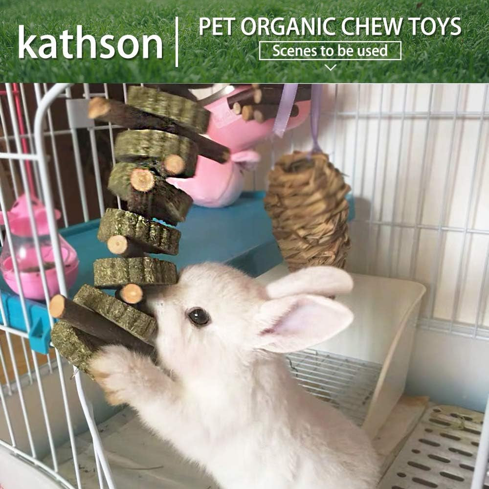 Natural Bunny Chew Toys - 2PCS Organic Bamboo & Fruitwood Sticks + Alfalfa Cakes for Healthy Teeth Grinding! Perfect for Rabbits, Guinea Pigs & Hamsters!