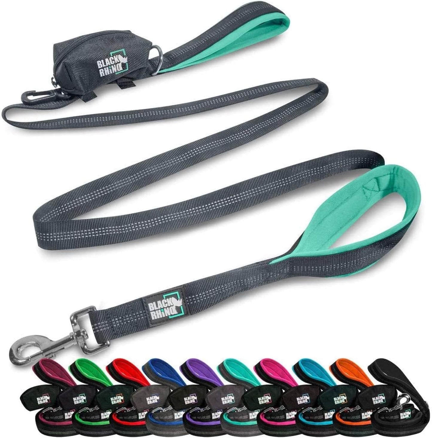 Heavy Duty Dog Leash for Medium and Large Dogs - 6 Ft Long Double Handle Leash with Padded Traffic Control Handles and Bag for Comfort - Reflective, Durable, and Weather Resistant (Aqua)