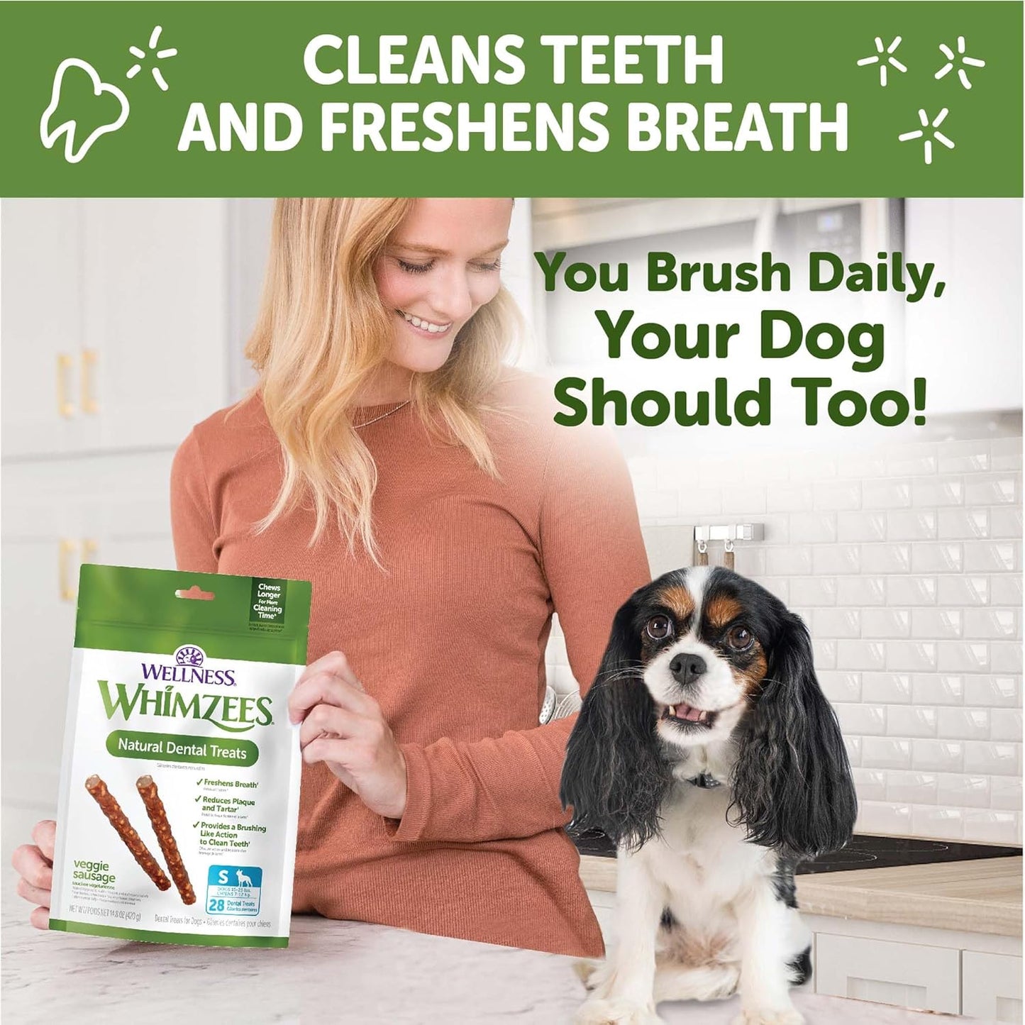 Wellness Veggie Sausage Dental Chews for Dogs - Grain-Free, Breath-Freshening Treats for Small Breeds, 28 Count, Long Lasting Chews