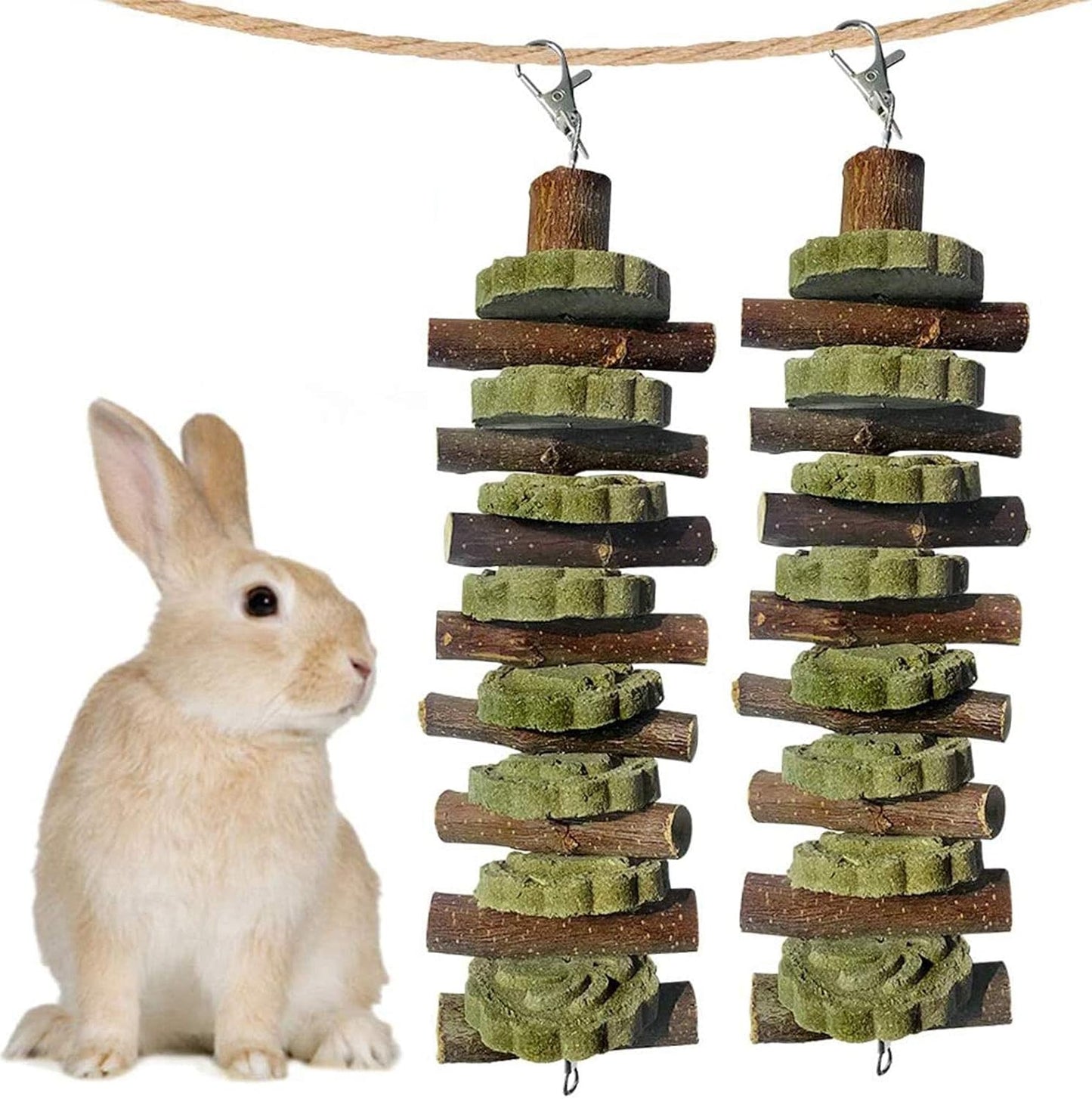 Natural Bunny Chew Toys - 2PCS Organic Bamboo & Fruitwood Sticks + Alfalfa Cakes for Healthy Teeth Grinding! Perfect for Rabbits, Guinea Pigs & Hamsters!