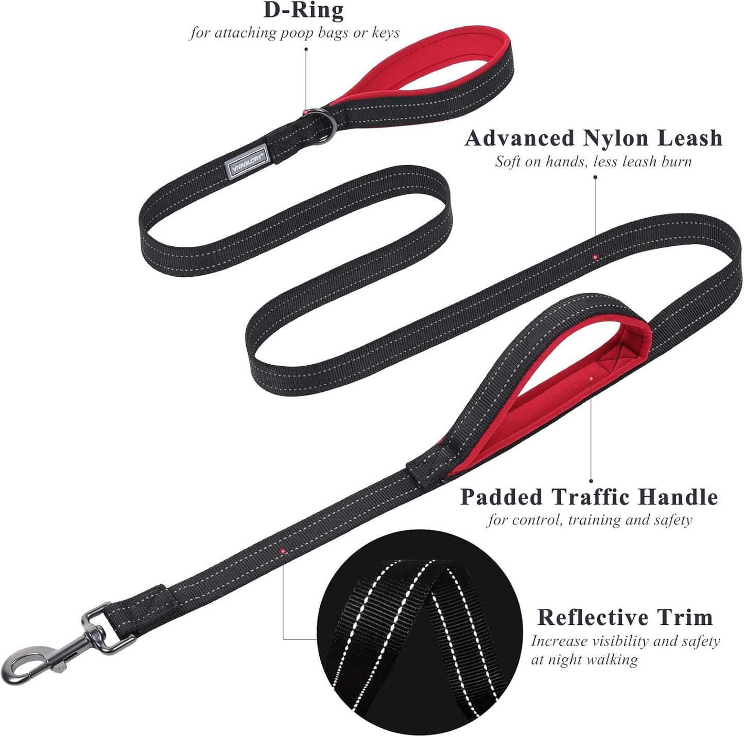 Traffic Handle Dog Leashes, Two Padded Soft Handles Strong Dog Leash, Reflective & Metal Hook Training Dog Lead, Black