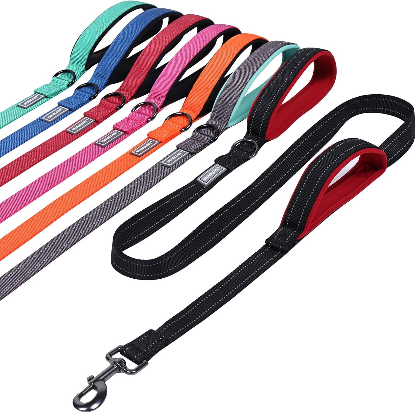 Traffic Handle Dog Leashes, Two Padded Soft Handles Strong Dog Leash, Reflective & Metal Hook Training Dog Lead, Black