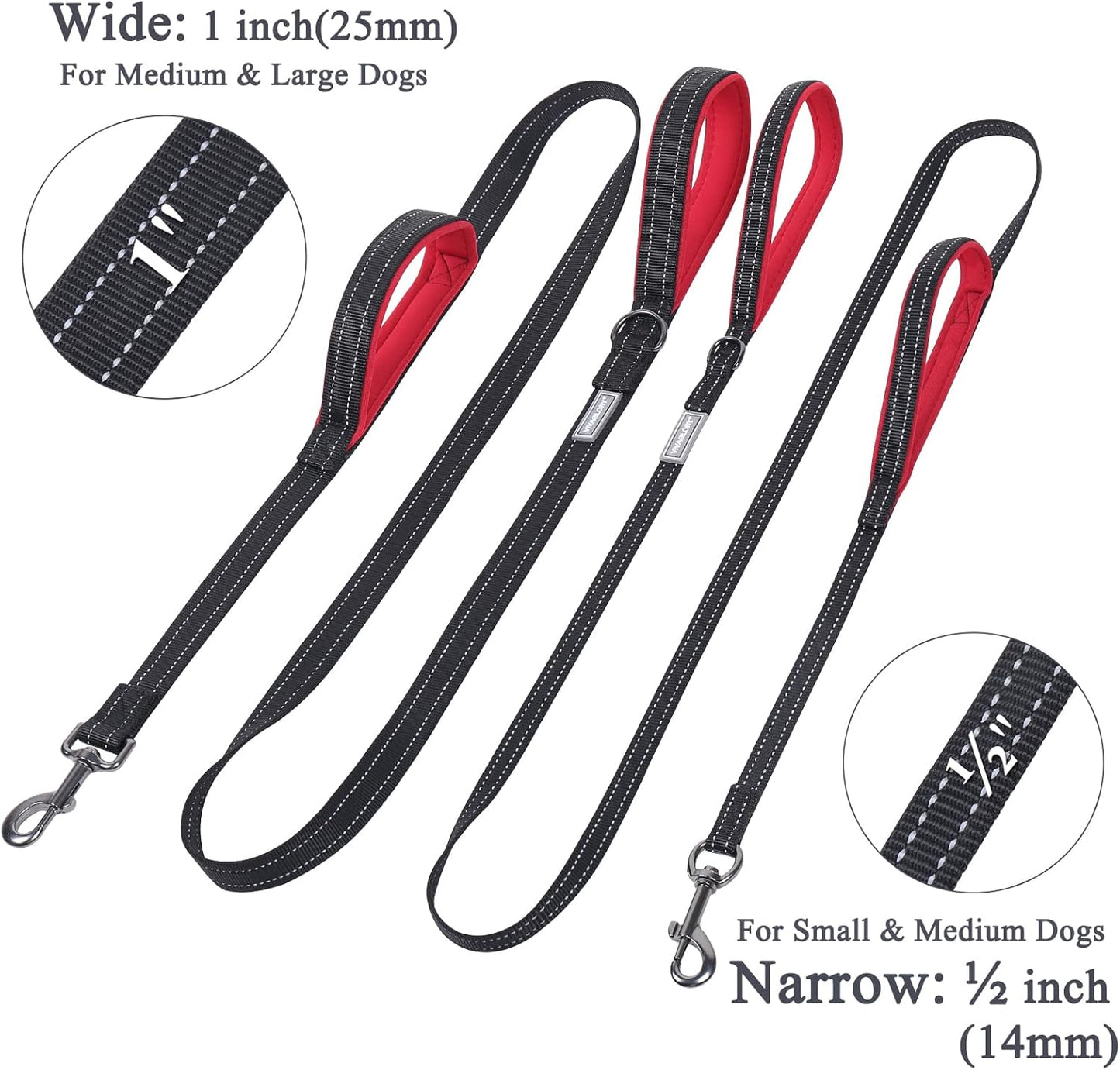 Traffic Handle Dog Leashes, Two Padded Soft Handles Strong Dog Leash, Reflective & Metal Hook Training Dog Lead, Black