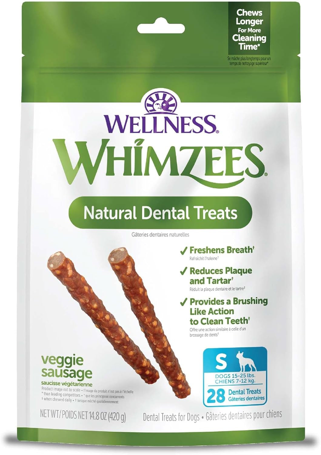 Wellness Veggie Sausage Dental Chews for Dogs - Grain-Free, Breath-Freshening Treats for Small Breeds, 28 Count, Long Lasting Chews