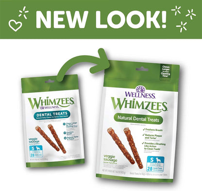 Wellness Veggie Sausage Dental Chews for Dogs - Grain-Free, Breath-Freshening Treats for Small Breeds, 28 Count, Long Lasting Chews
