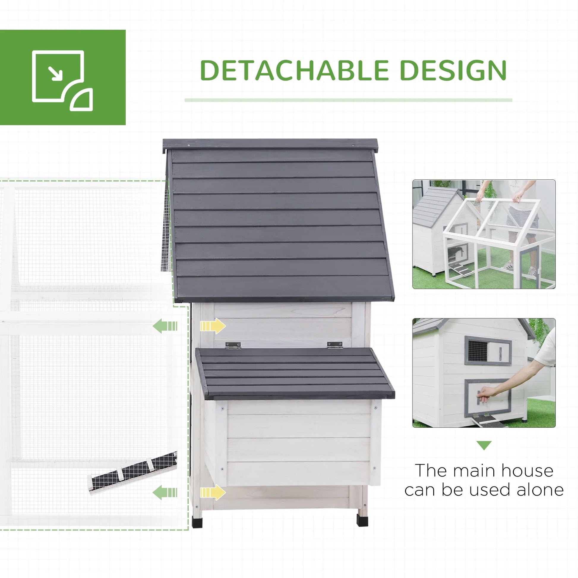 65" Chicken Coop Wooden with Detachable Run for Backyard, Gray