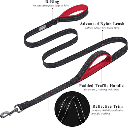 Traffic Handle Dog Leashes, Two Padded Soft Handles Strong Dog Leash, Reflective & Metal Hook Training Dog Lead, Black
